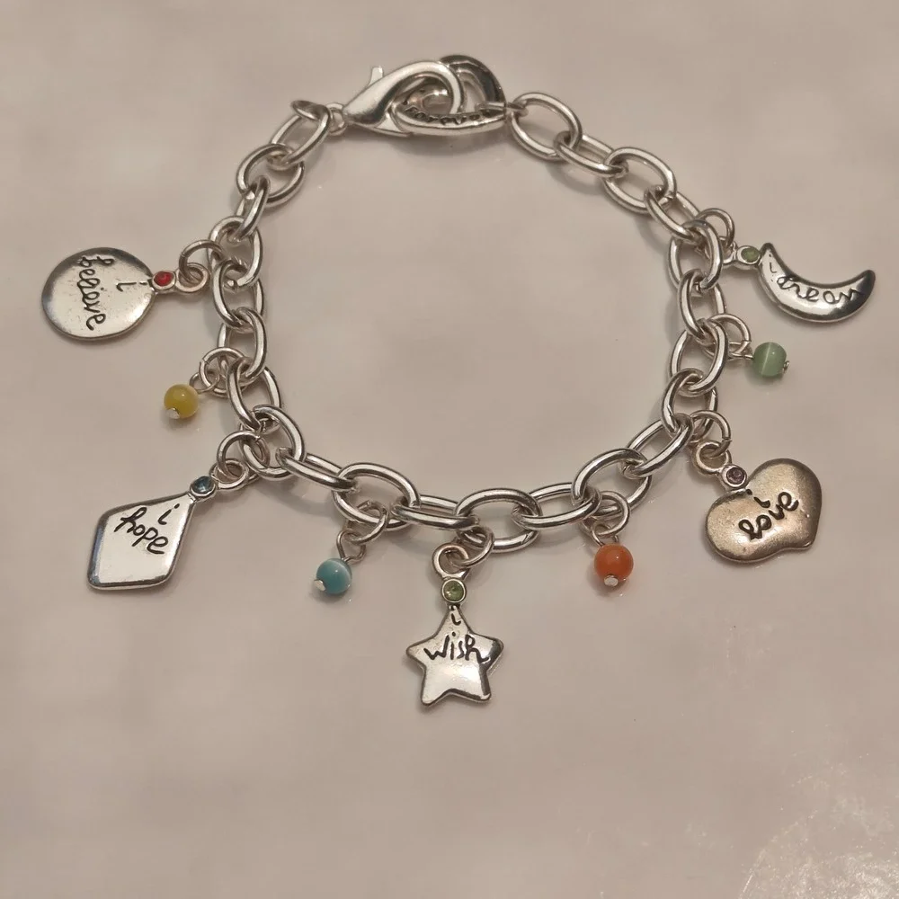 Silver Tone Inspirational Charm Bracelet Love Wish Dream Hope Believe Glass Bead